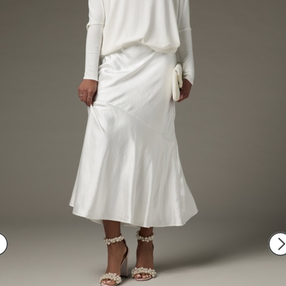 Francesca’s Barbara Asymmetrical Hem Midi Satin Skirt